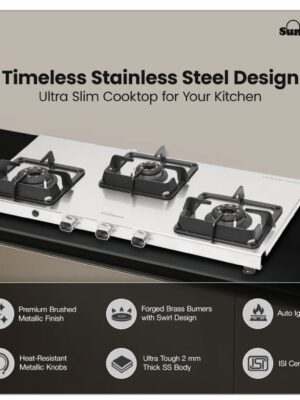 SUNFLAME LPG STOVE SSS 3B AI | SUNFLAME | STEEL,GAS STOVE,BURNER,CHULHA |  | 3 BURNER | 15790