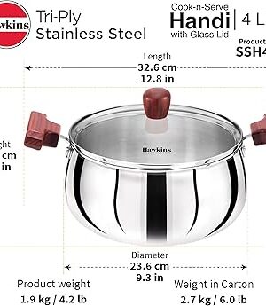 TRIPLY SS HANDI WITH GLASS LID COOK N SERVE | HAWKINS | COOKER | SSH40G | 4 L 20 CM | 2625